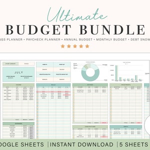 Modello di foglio di calcolo del pacchetto di budget per Fogli Google Foglio di calcolo / Budget annuale / Budget mensile / Pianificatore di risparmio / Budget della busta paga