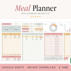 May include: A digital meal planner template for Google Sheets featuring an automated grocery list. The interface displays a dashboard with sections for income, bills, savings, and subscriptions, utilizing a color palette of soft pink, peach, and sage green.