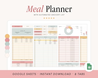 Könnte beinhalten: Eine digitale Essensplaner-Vorlage für Google Sheets mit automatisierter Einkaufsliste. Die Benutzeroberfläche zeigt ein Dashboard mit Bereichen für Einnahmen, Rechnungen, Ersparnisse und Abonnements in einer Farbpalette aus zartem Rosa, Pfirsich und Salbeigrün.