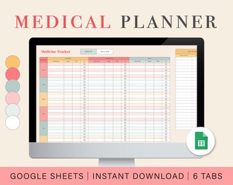 Feuille de calcul du planificateur médical | Traqueur numérique de médicaments | Suivi des rendez-vous | Feuilles Google | Journal de glycémie | Journal de tension artérielle