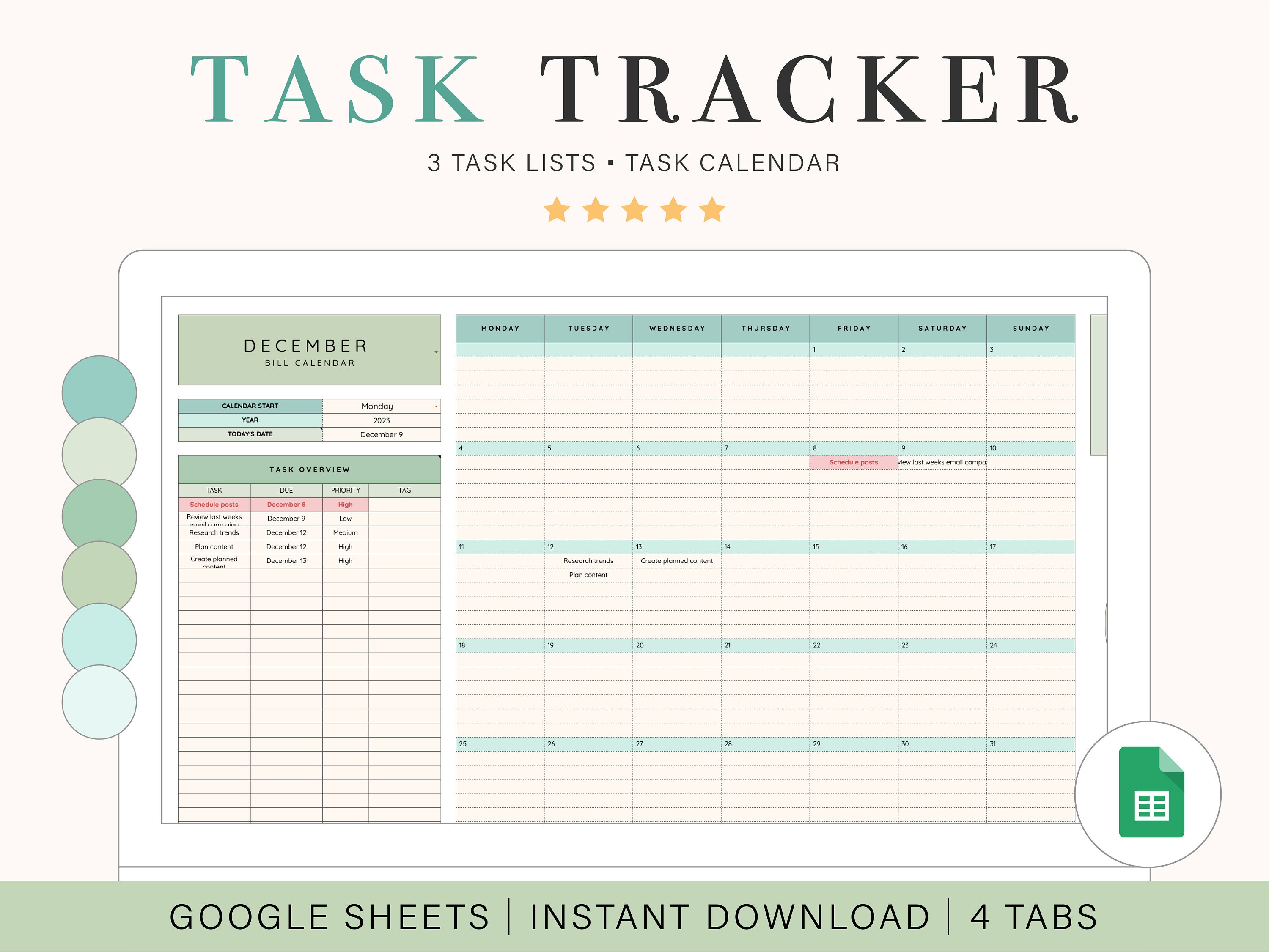 Task Tracking Spreadsheet Task Planner Digital To Do List Google Sheets Template Productivity Planner