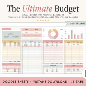 May include: A digital budget planner template for Google Sheets titled The Ultimate Budget. The interface features a financial dashboard with tables for income, bills, savings, investments, subscriptions, and debt, plus charts and a video tutorial.