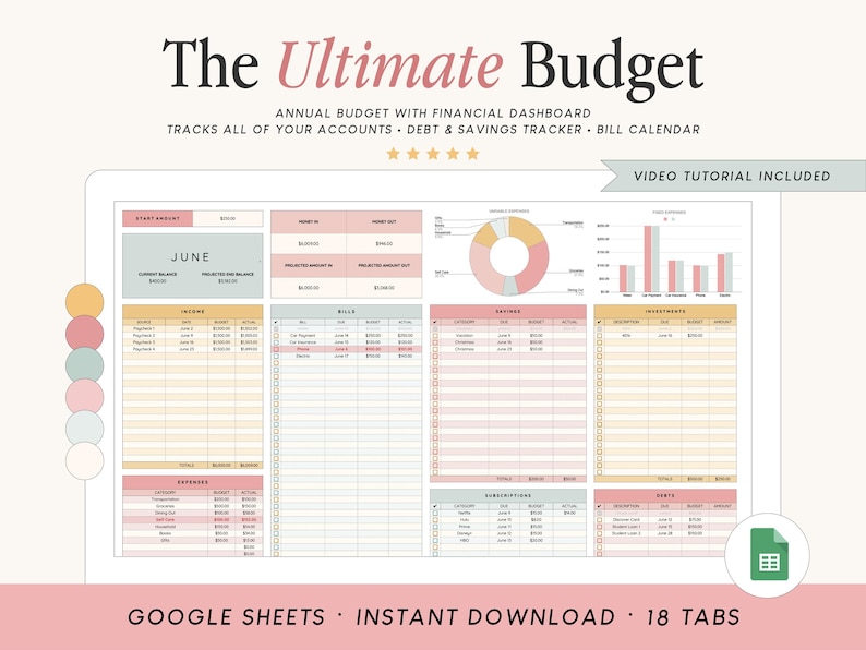 May include: A digital budget planner template for Google Sheets titled The Ultimate Budget. The interface features a financial dashboard with tables for income, bills, savings, investments, subscriptions, and debt, plus charts and a video tutorial.