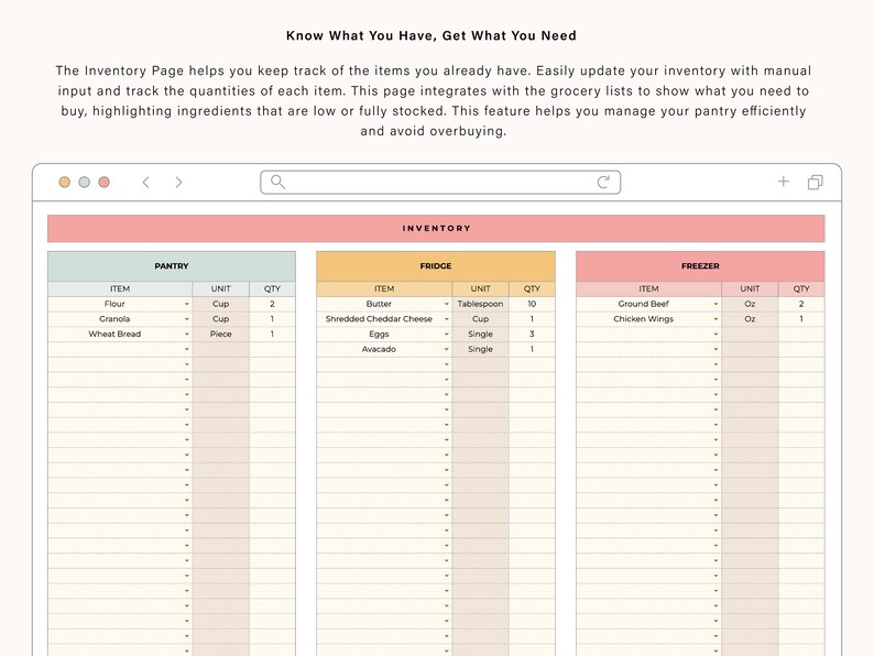 May include: A printable inventory list for tracking pantry, fridge, and freezer items. The list includes columns for item, unit, and quantity. The list is organized into three sections: pantry, fridge, and freezer. The list is designed to help people manage their food inventory and avoid overbuying.