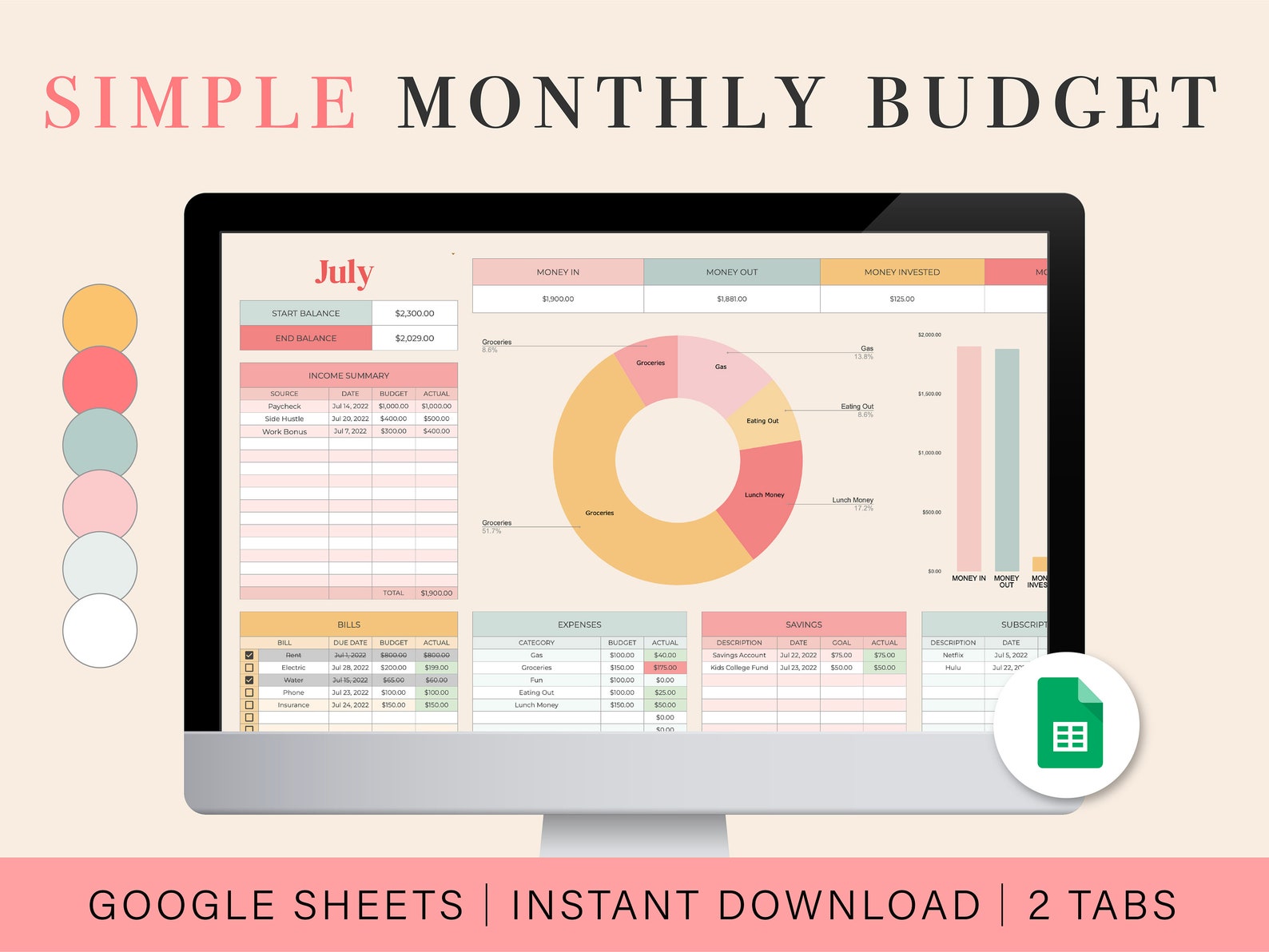 Monthly Budget Spreadsheet Google Sheets Budget Template - Etsy