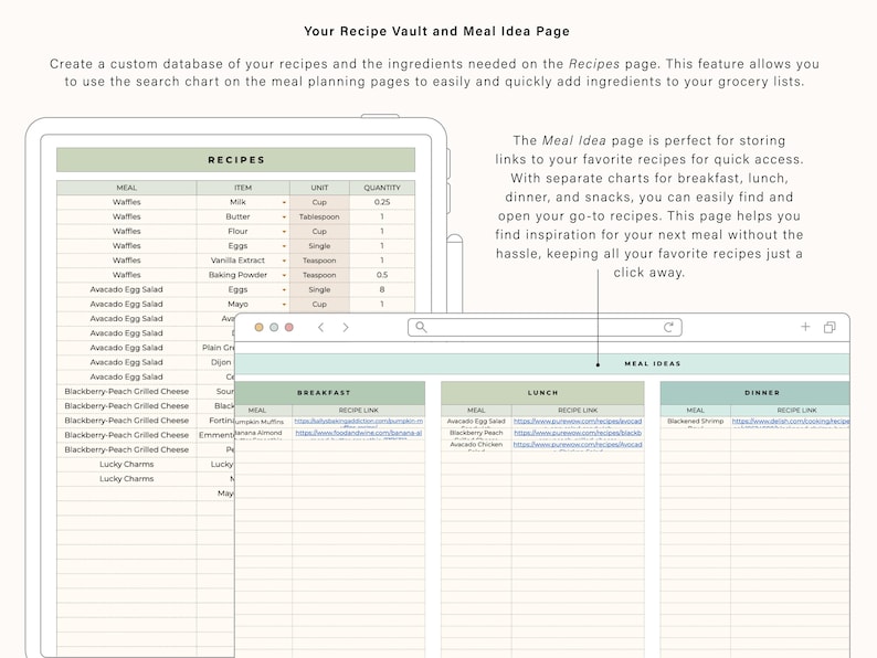 May include: A digital tablet displays a recipe database with a meal idea page. The screen shows a recipe list with ingredients and quantities, and meal planning sections for breakfast, lunch, and dinner. Text on the screen reads "Your Recipe Vault and Meal Idea Page."