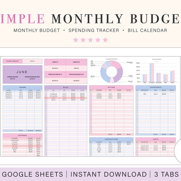 Monthly Budget Spreadsheet | Google Sheets Budget Template | Monthly Budget Planner