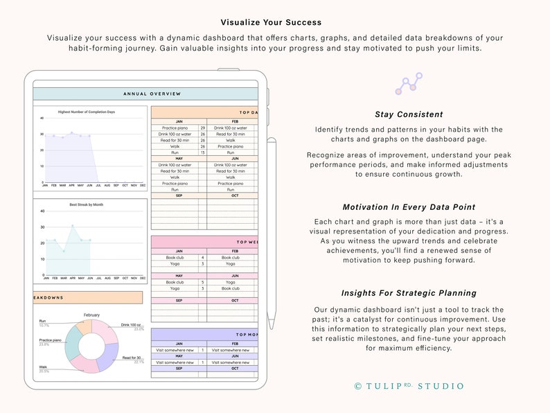 May include: A digital dashboard with charts and graphs to track progress on habits. The dashboard includes sections for annual overview, top daily, top weekly, top monthly, and breakdowns. The dashboard is designed to help users visualise their success and stay motivated.