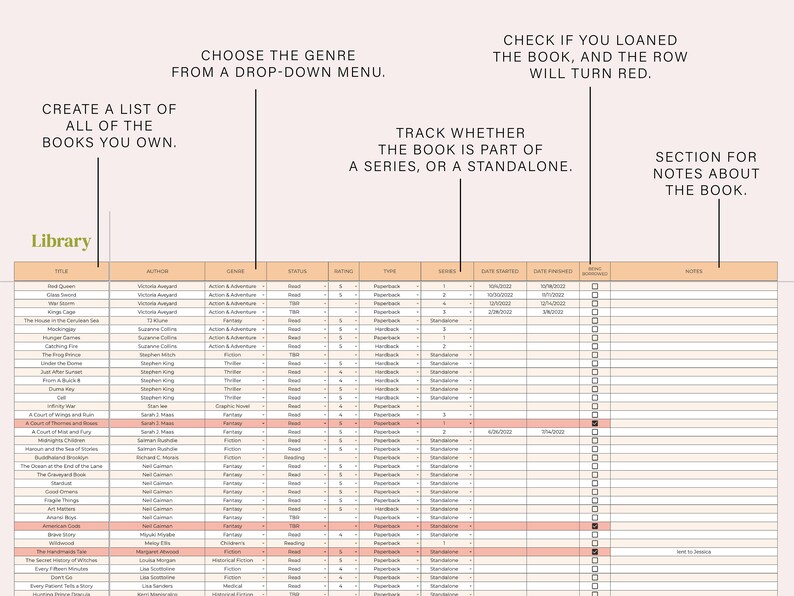 Book Tracker Spreadsheet Reading Log Google Sheets Etsy