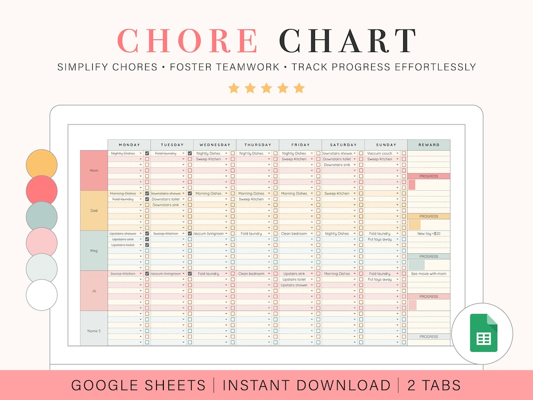 Family Chore Chart Google Sheets Spreadsheet Template Digital Chore