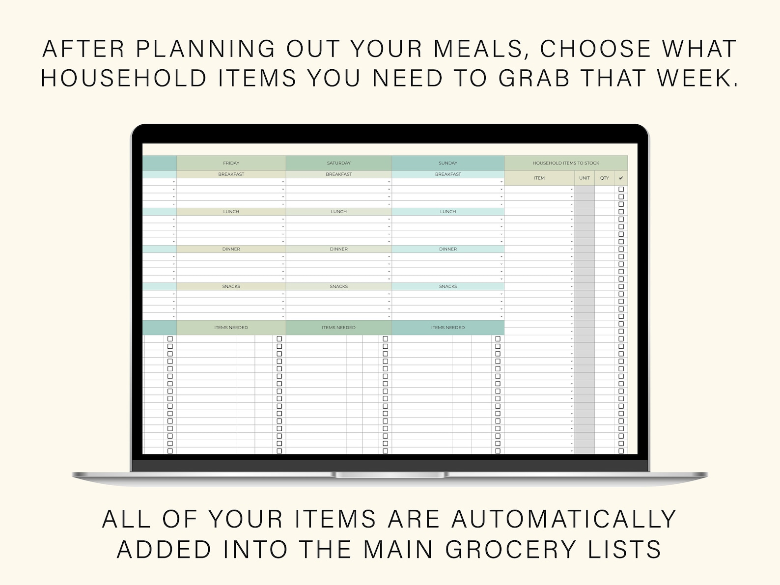 Digital Grocery List & Meal Planner Google Sheets Spreadsheet Weekly