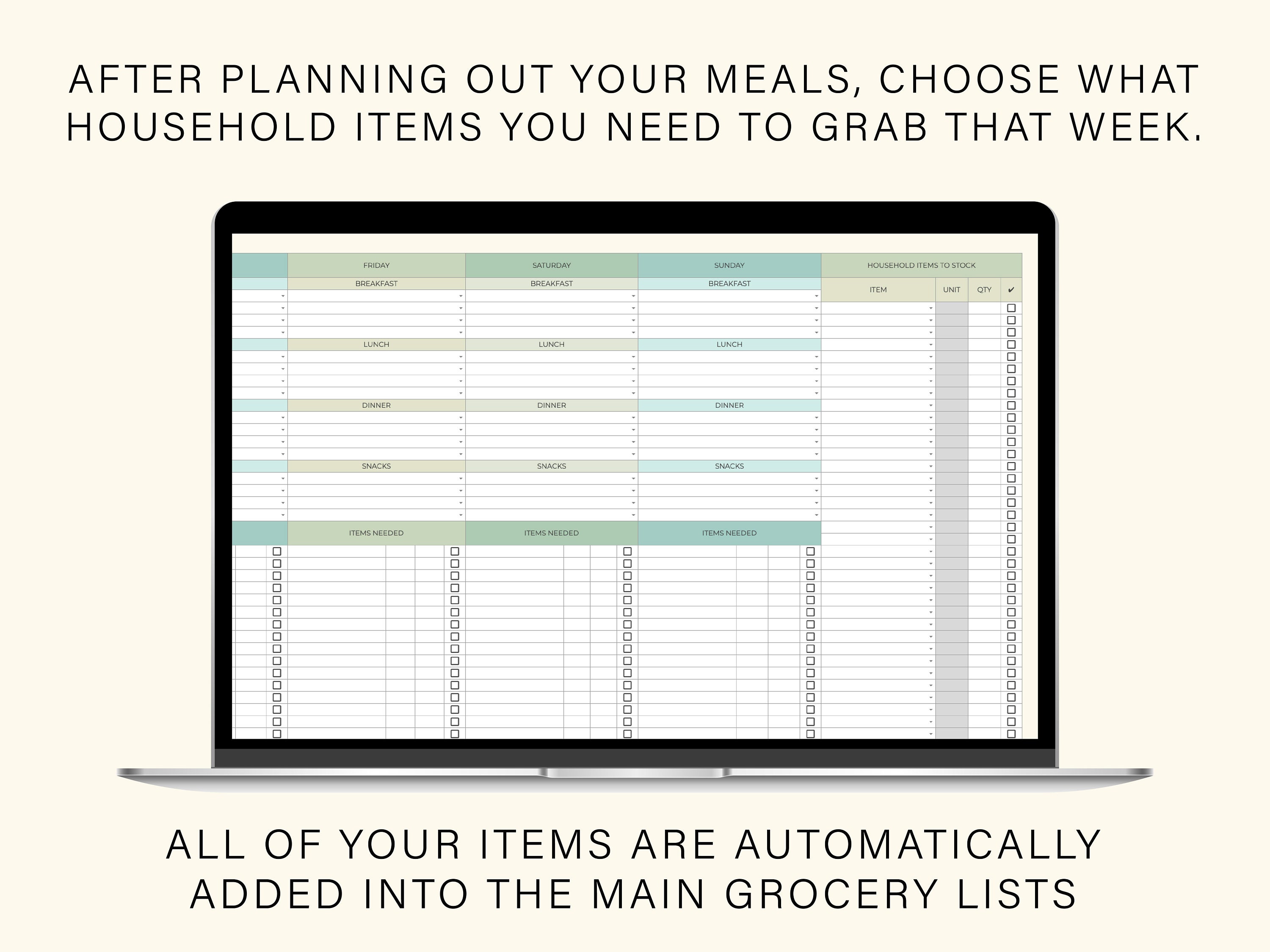 Digital Grocery List & Meal Planner Google Sheets Spreadsheet Weekly