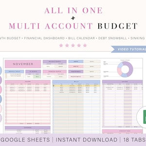 Budget Spreadsheet Template for Multiple Accounts | Monthly Budget Spreadsheet | Debit and Credit Budget Spreadsheet for Google Sheets