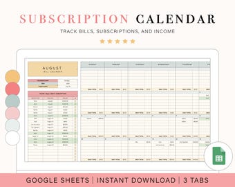 Subscription Tracking Calendar | Bill Calendar | Google Sheets Budget for Tracking Bills and Subscriptions | Income Log | Budgeting Template