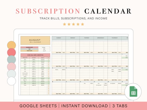 Subscription Tracking Calendar | Bill Calendar | Google Sheets Budget for Tracking Bills and Subscriptions | Income Log | Budgeting Template