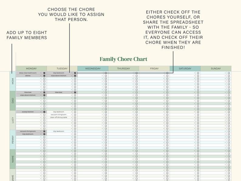 Family Chore Chart Google Sheets Spreadsheet Template Etsy
