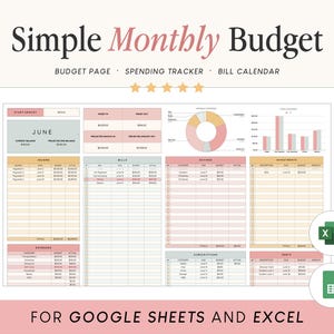 May include: A digital monthly budget planner template for Google Sheets and Excel featuring a dashboard with income, bills, savings, and debt trackers. The layout includes a pie chart, bar graph, and tables in soft pastel colors with the text Simple Monthly Budget.
