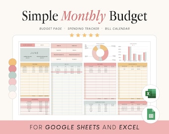 May include: A digital monthly budget planner template for Google Sheets and Excel featuring a dashboard with income, bills, savings, and debt trackers. The layout includes a pie chart, bar graph, and tables in soft pastel colours with the text Simple Monthly Budget.