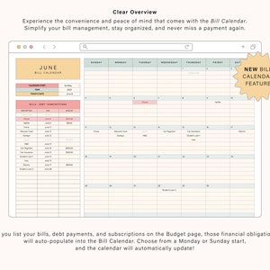 May include: A screenshot of a digital bill calendar app with a June calendar and a list of bills, debt, and subscriptions. The app features a new bill calendar feature that automatically populates bills from the budget page.