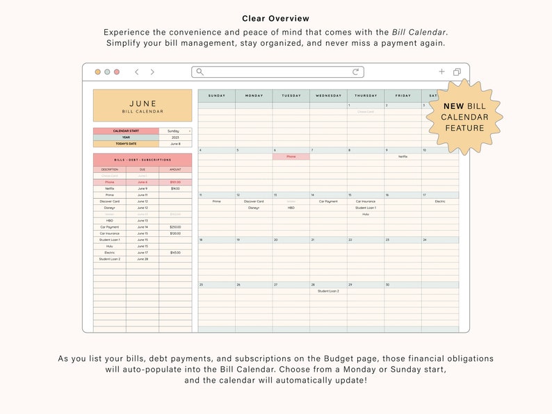 May include: A screenshot of a digital bill calendar app with a June calendar and a list of bills, debt, and subscriptions. The app features a new bill calendar feature that automatically populates bills from the budget page.