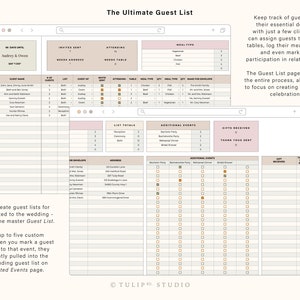 May include: A digital planner template for organizing wedding guests and events. The template includes sections for guest lists, meal types, additional events, and gift tracking. The template is designed to help users keep track of all the details of their wedding planning.