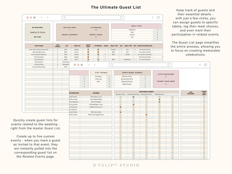 May include: A digital planner template for organizing wedding guests and events. The template includes sections for guest lists, meal types, additional events, and gift tracking. The template is designed to help users keep track of all the details of their wedding planning.