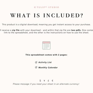 May include: Cream-colored digital download graphic with the text "WHAT IS INCLUDED?" and a list of included items: Activity List and Monthly Calendar. The image also includes currency symbols.