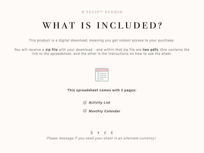 May include: Cream-colored digital download graphic with the text "WHAT IS INCLUDED?" and a list of included items: Activity List and Monthly Calendar. The image also includes currency symbols.