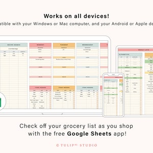 May include: A digital illustration of a laptop, tablet, and smartphone displaying a grocery list template. The template is designed for use with Google Sheets and features a recipe search section, a weekly meal planner, and a grocery list with checkboxes. The text "Works on all devices!" and "Check off your grocery list as you shop with the free Google Sheets app!" is displayed on the image.