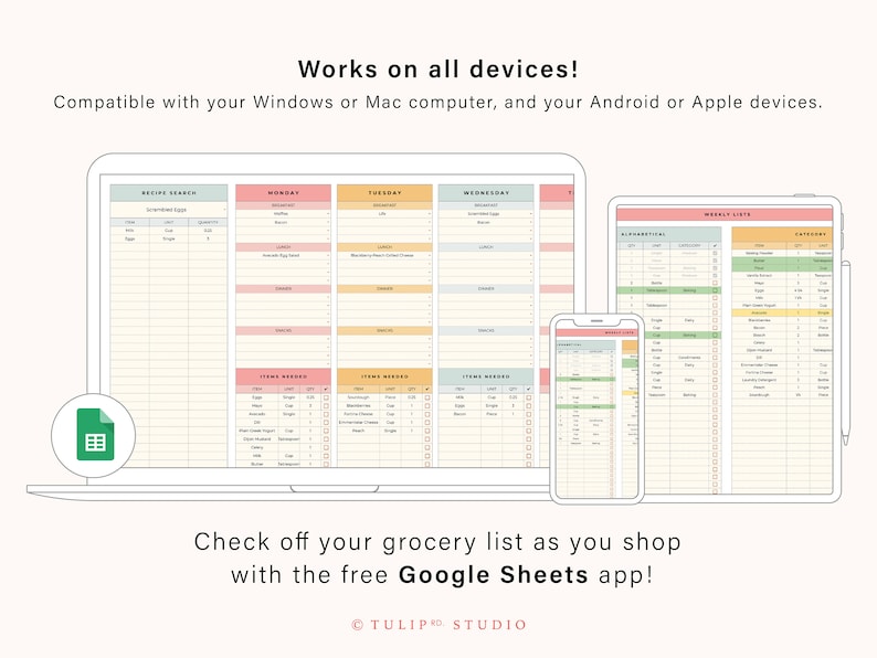 May include: A digital illustration of a laptop, tablet, and smartphone displaying a grocery list template. The template is designed for use with Google Sheets and features a recipe search section, a weekly meal planner, and a grocery list with checkboxes. The text "Works on all devices!" and "Check off your grocery list as you shop with the free Google Sheets app!" is displayed on the image.