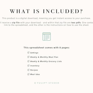 May include: A digital download product description with the text "WHAT IS INCLUDED?" and a list of features: Settings, Weekly & Monthly Meal Plan, Weekly & Monthly Grocery Lists, Inventory, Recipes, and Meal Idea. The product includes a zip file with two PDFs.