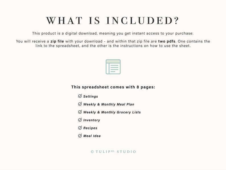 May include: A digital download product description with the text "WHAT IS INCLUDED?" and a list of features: Settings, Weekly & Monthly Meal Plan, Weekly & Monthly Grocery Lists, Inventory, Recipes, and Meal Idea. The product includes a zip file with two PDFs.