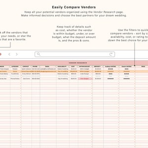 May include: A printable wedding vendor research spreadsheet with columns for vendor name, category, contact information, availability, cost, within budget, deposit, and ratings. The spreadsheet is designed to help brides and grooms organize and compare potential vendors for their wedding.