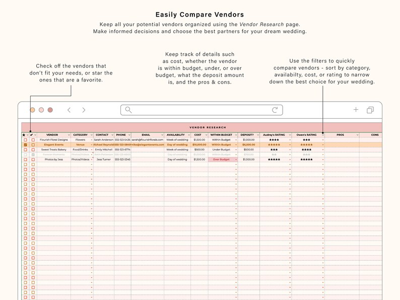 May include: A printable wedding vendor research spreadsheet with columns for vendor name, category, contact information, availability, cost, within budget, deposit, and ratings. The spreadsheet is designed to help brides and grooms organize and compare potential vendors for their wedding.