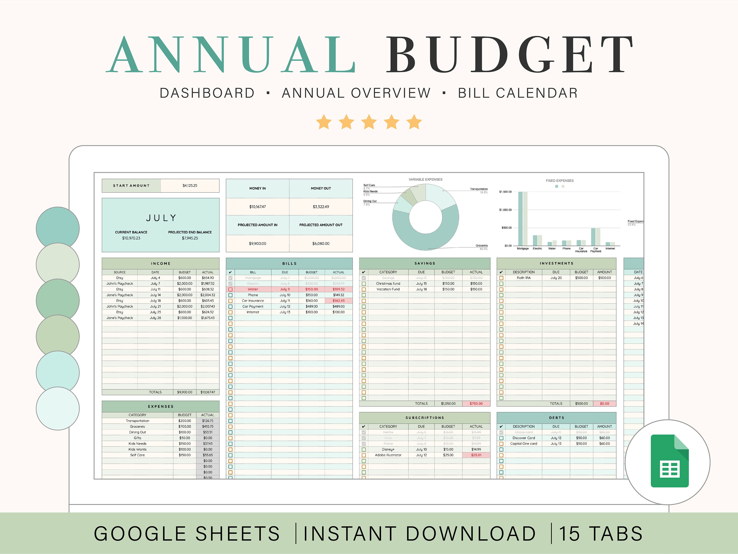 Annual Budget Spreadsheet for Google Sheets Spending Tracker Bill ...