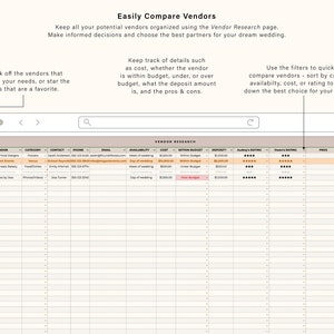 May include: A spreadsheet with a light brown background and a white grid. The spreadsheet is titled "Vendor Research" and has columns for vendor name, category, contact, phone, email, availability, cost, within budget, deposit, Audrey's rating, Queen's rating, pros, and cons.