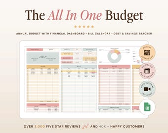 May include: A digital budget spreadsheet titled The All In One Budget with sections for income, bills, savings, and subscriptions. It features a financial dashboard, bill calendar, and debt tracker with pastel colour-coded tables and charts.