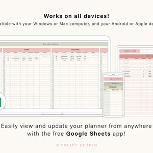 May include: A screenshot showing a wedding planner spreadsheet on a laptop, tablet, and phone. The spreadsheet is titled "Wedding Itinerary" and includes columns for date, time, location, duration, and notes. The text "Works on all devices!" is displayed at the top of the image. The text "Compatible with your Windows or Mac computer, and your Android or Apple devices." is displayed below the first text. The text "Easily view and update your planner from anywhere with the free Google Sheets app!" is displayed at the bottom of the image.