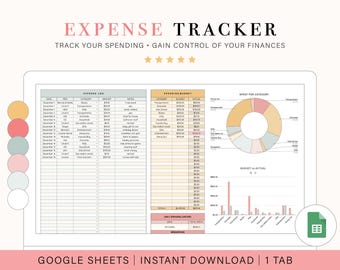May include: Digital expense tracker template with a clear, organised layout. The design includes sections for expense logs, spending budgets, and charts. The text "EXPENSE TRACKER" is at the top, with "TRACK YOUR SPENDING • GAIN CONTROL OF YOUR FINANCES" below it.
