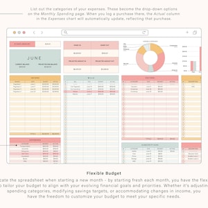May include: A printable budget spreadsheet with a pink and blue color scheme. The spreadsheet is divided into sections for income, bills, savings, expenses, and subscriptions. The spreadsheet includes columns for category, date, budget, and actual. The spreadsheet is labeled "Flexible Budget".