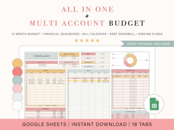 Budget Spreadsheet Template for Multiple Accounts | Monthly Budget Spreadsheet | Debit and Credit Budget Spreadsheet for Google Sheets