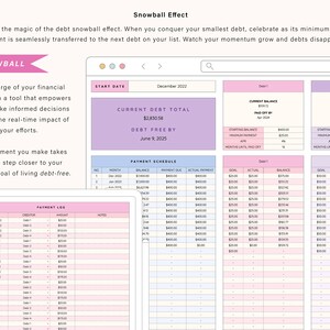 May include: A digital debt snowball tracker displayed on two screens. The interface features pink, purple, and blue tables for tracking current debt totals, payment schedules, and payment logs with columns for dates, creditors, and dollar amounts.