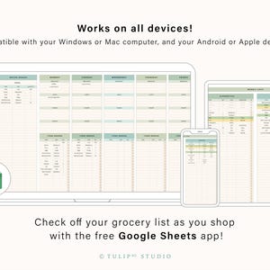 May include: A digital grocery list displayed on a laptop, tablet, and smartphone. The screens show a spreadsheet with categories and checkboxes. The text reads "Works on all devices!" and "Check off your grocery list as you shop with the free Google Sheets app!"