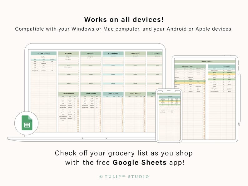 May include: A digital grocery list displayed on a laptop, tablet, and smartphone. The screens show a spreadsheet with categories and checkboxes. The text reads "Works on all devices!" and "Check off your grocery list as you shop with the free Google Sheets app!"