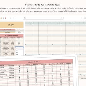 Puede incluir: Una interfaz de calendario digital con el texto "One Calendar to Run the Whole House". El calendario muestra una vista mensual, una lista de tareas y un programa de limpieza. La interfaz se muestra en una tableta y una pantalla de ordenador.