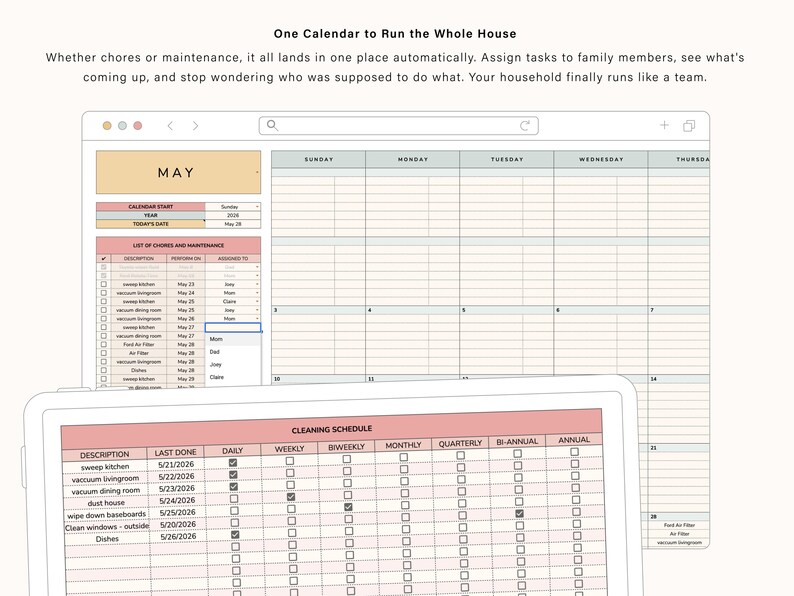Puede incluir: Una interfaz de calendario digital con el texto "One Calendar to Run the Whole House". El calendario muestra una vista mensual, una lista de tareas y un programa de limpieza. La interfaz se muestra en una tableta y una pantalla de ordenador.