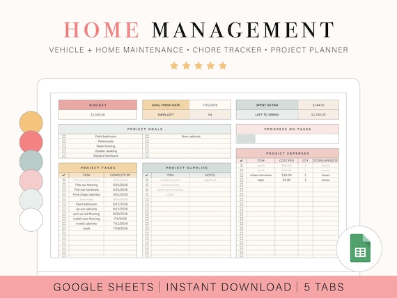 Home Management Planner | Vehicle Maintenance Schedule | Chore Chart and Cleaning Schedule | Google Sheets Template