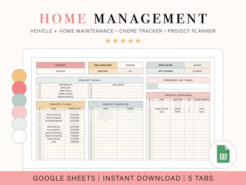 Puede incluir: Planificador digital de gesti&oacute;n del hogar con secciones para presupuesto, objetivos del proyecto y tareas. El planificador incluye el texto "HOME MANAGEMENT" y "GOOGLE SHEETS | INSTANT DOWNLOAD | 5 TABS". La combinaci&oacute;n de colores es rosa suave, beige y verde.