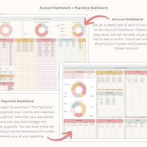 May include: A digital finance dashboard template displayed on two tablet screens. The interface features pink, yellow, and blue color-coded sections, donut charts, and organized tables for tracking income, expenses, account balances, and paycheck budgets.