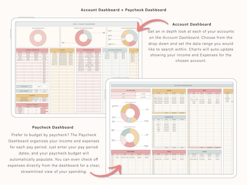 May include: A digital finance dashboard template displayed on two tablet screens. The interface features pink, yellow, and blue color-coded sections, donut charts, and organized tables for tracking income, expenses, account balances, and paycheck budgets.